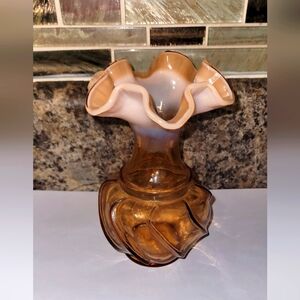 Vtg Beautiful Fenton Cameo Opalescent Glass Vase Brown Mint Swirl bottom Rare
